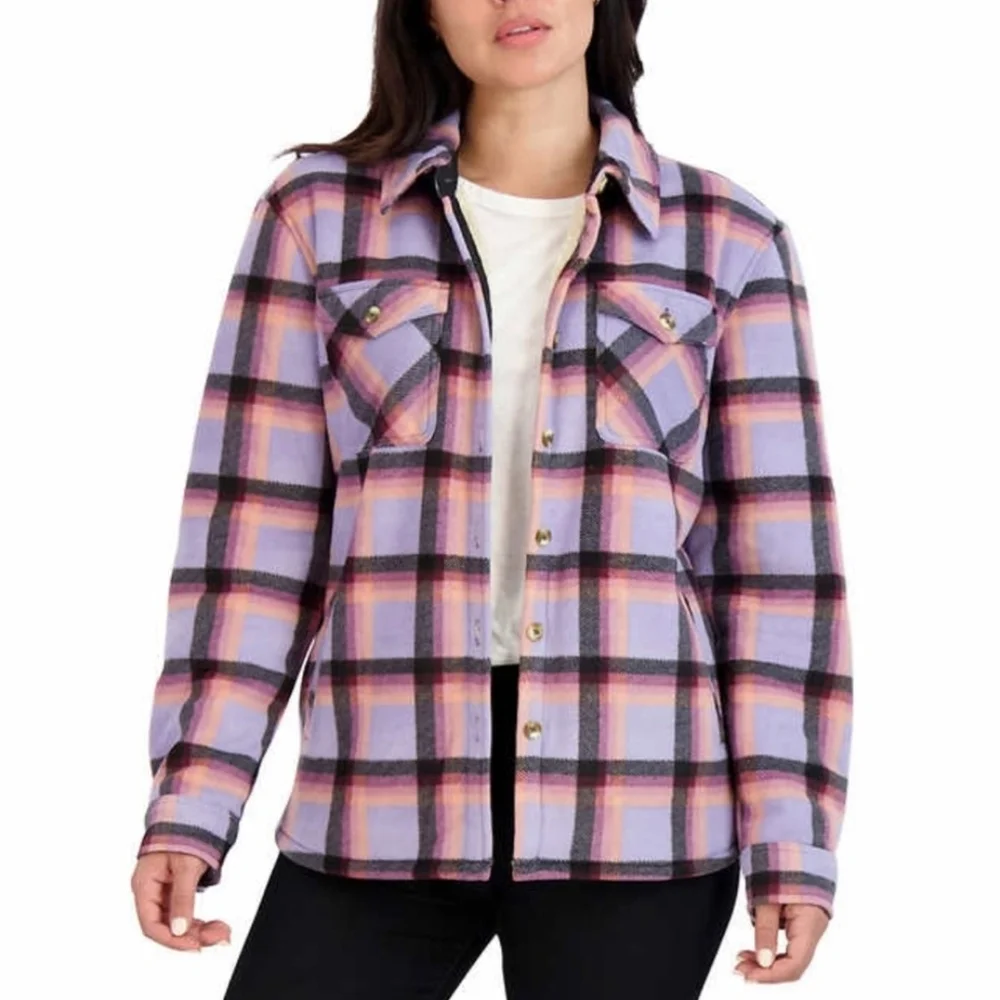 Sage Ladie's Plush Plaid Shirt Jacket In Purple. M - Picture 2 of 14